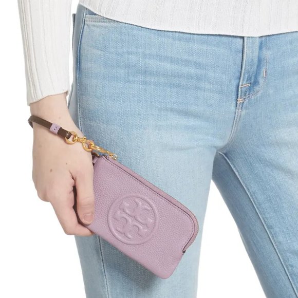 NWT Tory Burch Perry Bombe Card Case Small Leather Wristlet Gray Heron - Picture 10 of 13